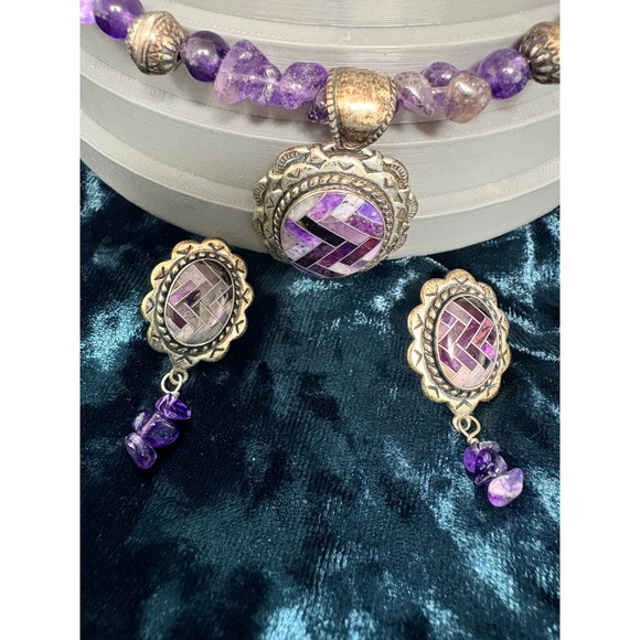 Carolyn Pollack Amethyst Inlay Necklace Pendant Earrings Set Sterling Silver 18" - Picture 4 of 15